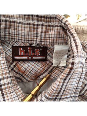 Boho Western Shirt Small Vintage Men's 70's Plaid Top Disco Cowboy H.I.S. button
